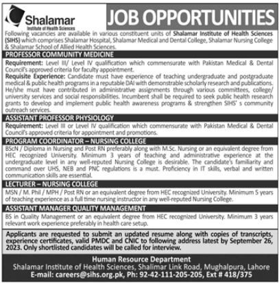 Shalamar Institute of Health Sciences SIHS Job Advertisement